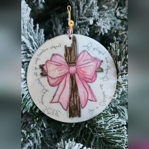 ✨ Handmade Wooden Ornament – Pink Bow Cross, Faith-Inspired Keepsake ✨